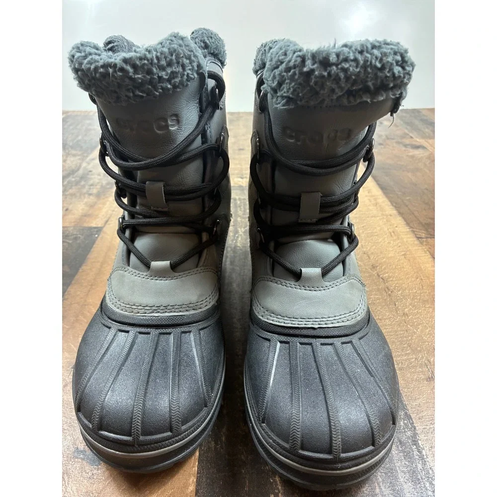 Crocs AllCast II Luxe Winter Boots Grey Black Faux Fur Lined Mens 6 Womens 8